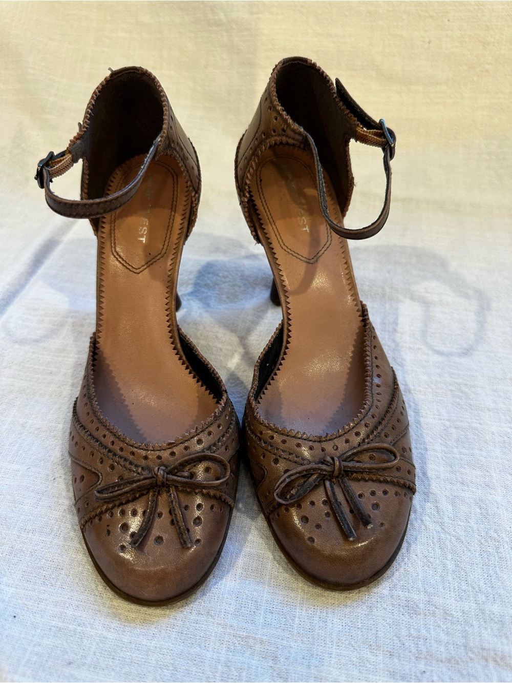 Nine West Brown Leather Perforated Ankle-Strap Heels